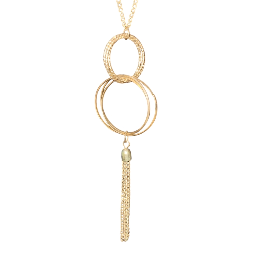 Gold plated chain necklace with interlocking rings and tassel chainGold plated